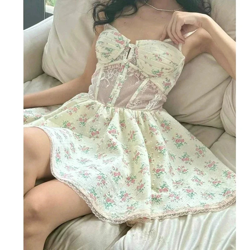 French Style Lace Spliced Floral Print Sling Mini Dresses