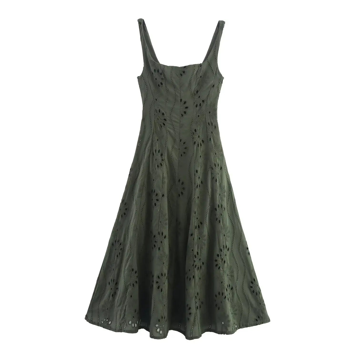 Summer Hollow Out Embroidery Midi Dresses Round Neck Wide Straps A-line Holiday Casual Dresses