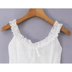 Hollow Out Embroidery White Mini Dresses Ruffle Trim V Neck Sleeveless Casual Summer Vacation Party Dress