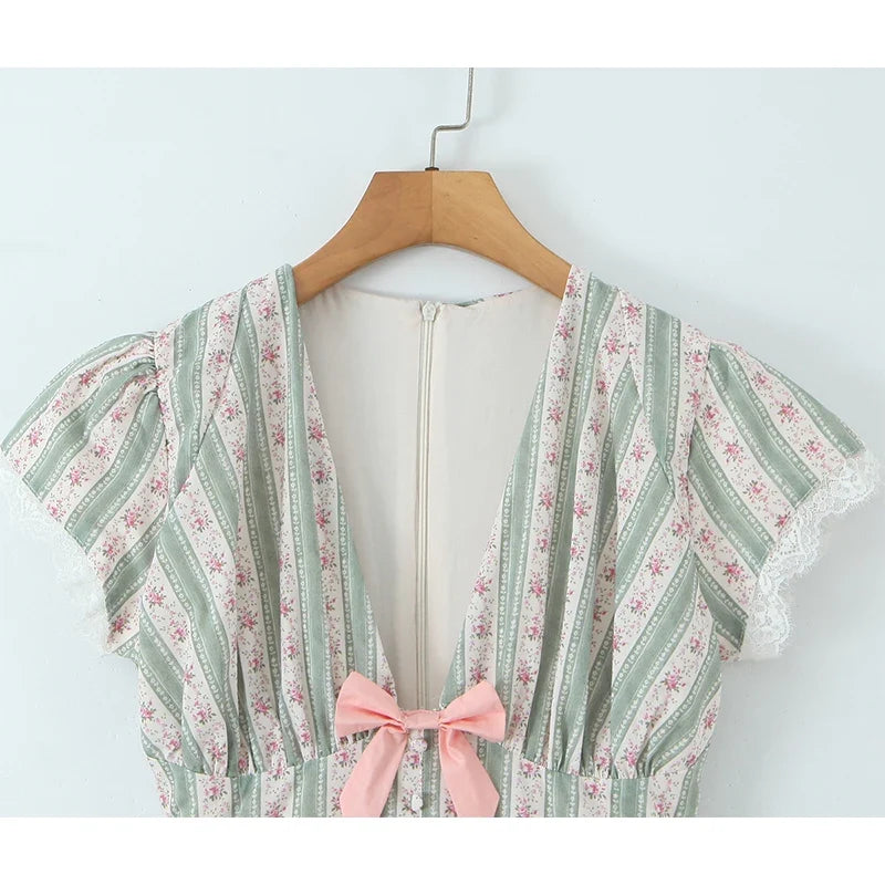 Green Striped Floral Print Summer Dresses Bow V Neck Short Sleeve A-line Mini Dresses Lady Vacation Robe