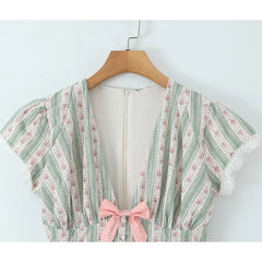 Green Striped Floral Print Summer Dresses Bow V Neck Short Sleeve A-line Mini Dresses Lady Vacation Robe