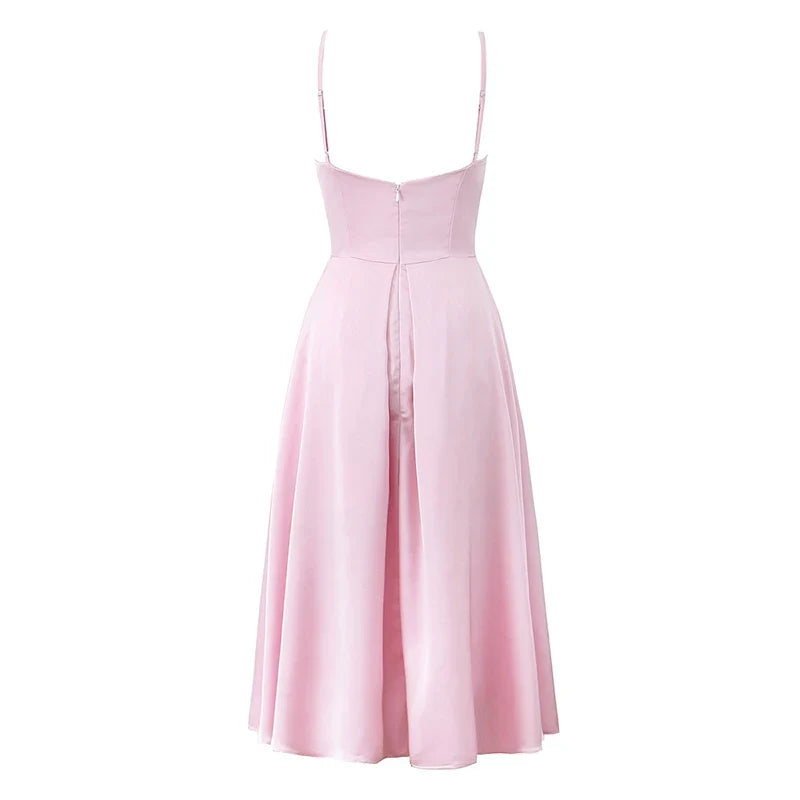 High Street Satin Pink Sling Sexy Elegant Dresses Thin Straps V Neck A-line Midi Evening Party Dresses