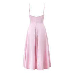 High Street Satin Pink Sling Sexy Elegant Dresses Thin Straps V Neck A-line Midi Evening Party Dresses