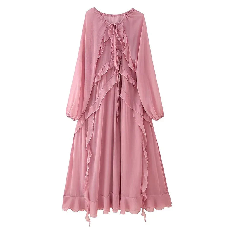 Cascade Ruffles Lace Up V Neck Chiffon Long Dresses Full Sleeve A-line Holiday Autumn Dresses