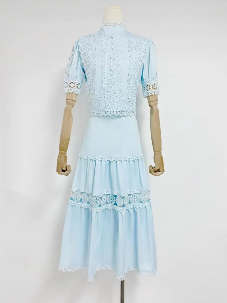 turtleneck short sleeves lace patchwork hollow out slim high waist A-line pullover Dresses