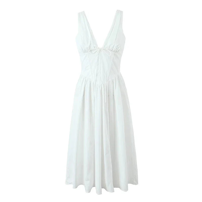 Sexy Elegant Sleeveless Deep V Neck White Dresses