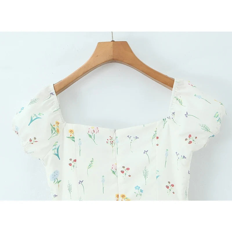 Pretty Girl Sweet Floral Print Summer Dresses Vintage Puff Sleeve A-line Mini Holiday Dresses