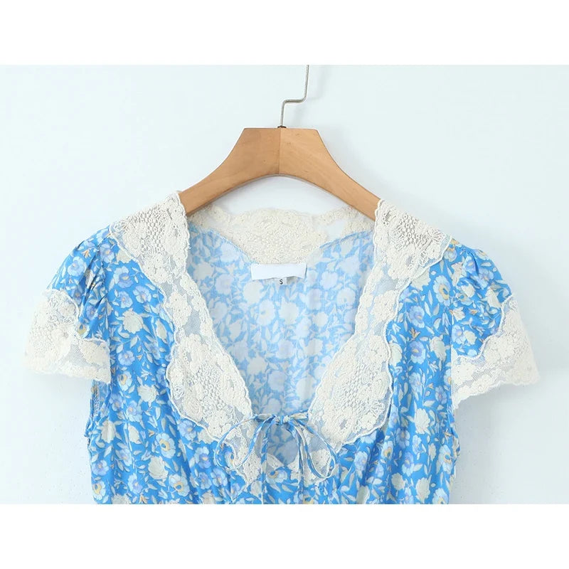Lace Trim Blue Floral Print Elegant Summer Long Dresses