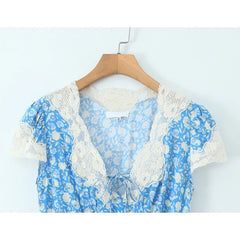 Lace Trim Blue Floral Print Elegant Summer Long Dresses