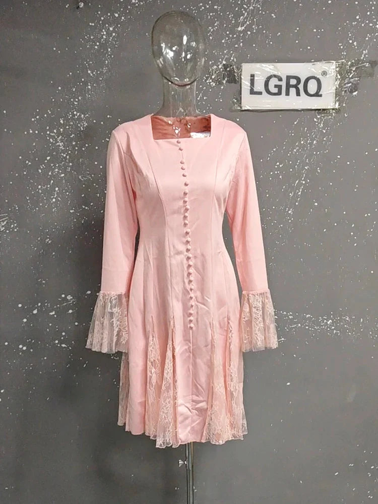 Round Neck Flare Sleeve High Waist Slim Elegant Midi Dresses
