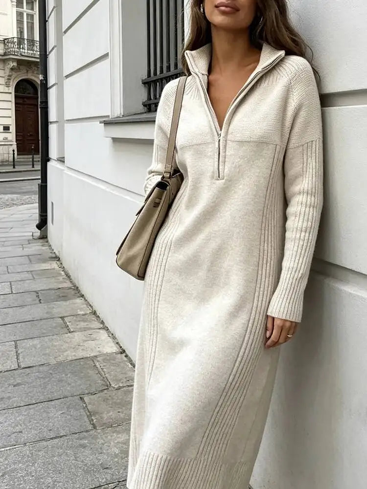 Elegant Half Zip Stand Collar Long Sleeve Knit Dresses