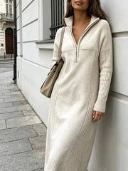 Elegant Half Zip Stand Collar Long Sleeve Knit Dresses