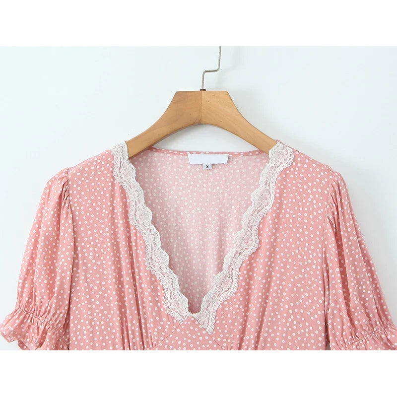 Summer French Style Lace Trim V Neck Polka Dot Dresses