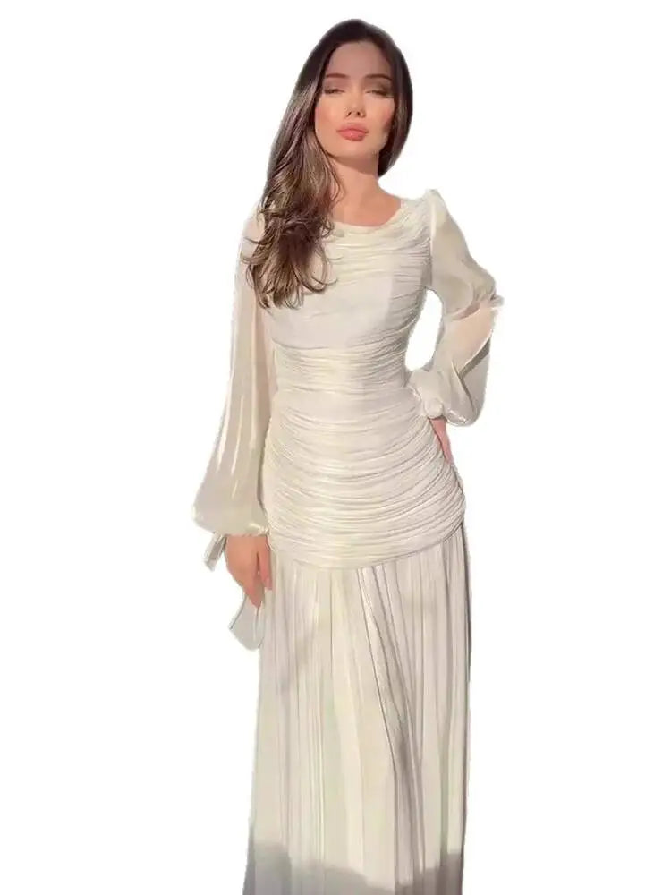 Temperament Round Neck Long Sleeved Pleated Waist Slimming Patchwork Dresses