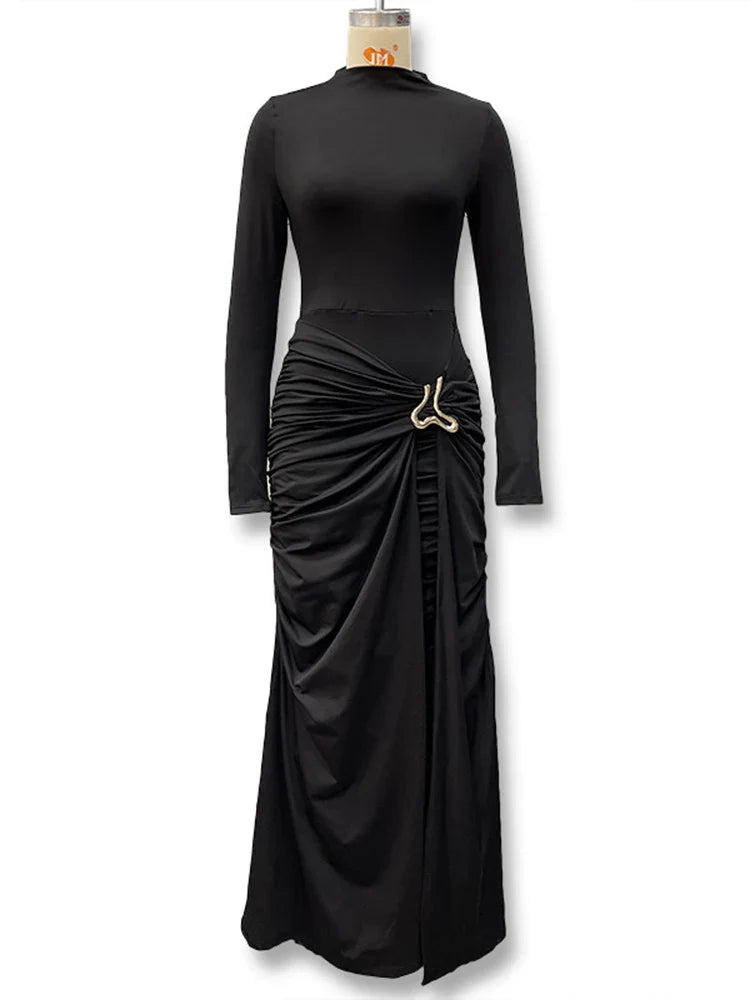 Solid Color Round Neck Long Sleeve Dresses