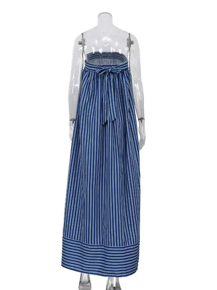 Striped Strapless Bandage Backless Dresses