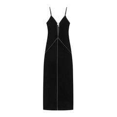Spaghetti Straps V Neck Midi Black Velvet Dresses Female Sexy Vestidos