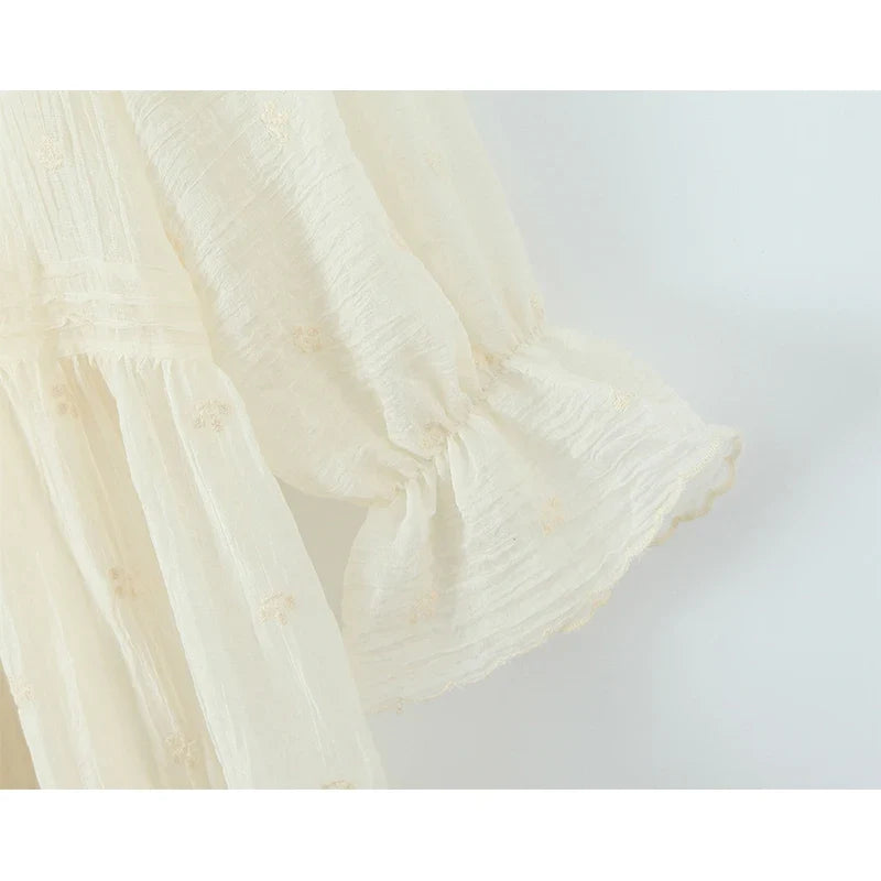 Spring Summer Floral Embroidery Loose Short Dresses Long Sleeve Casual Holiday Dresses