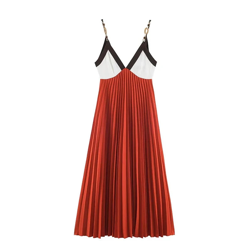 Color Block V Neck Chain Strap Pleated Midi Dresses