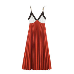Color Block V Neck Chain Strap Pleated Midi Dresses
