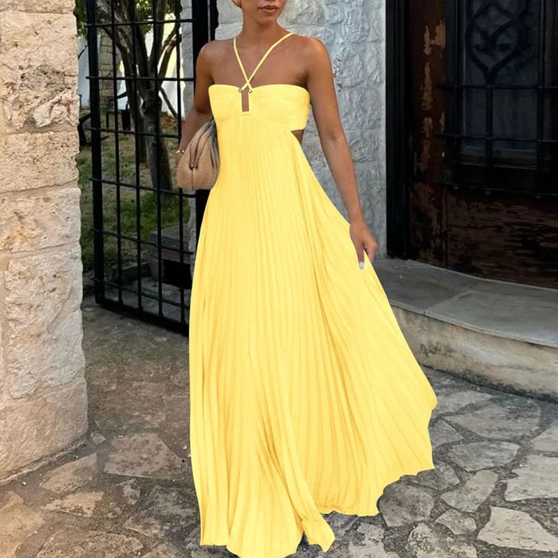 Blue High Waist Pleats Robe Dresses