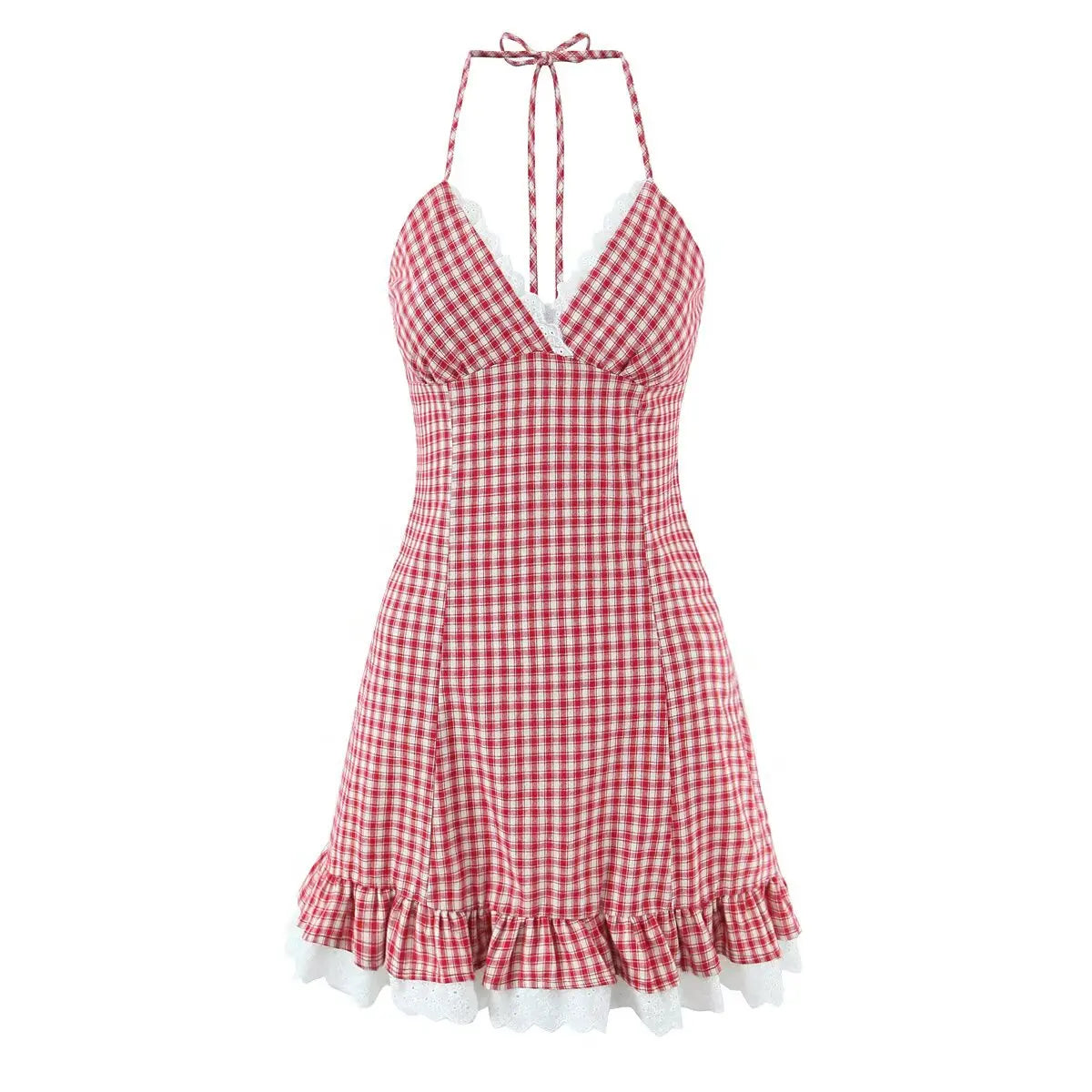 Sexy Backless Halter Mini Plaid Dresses