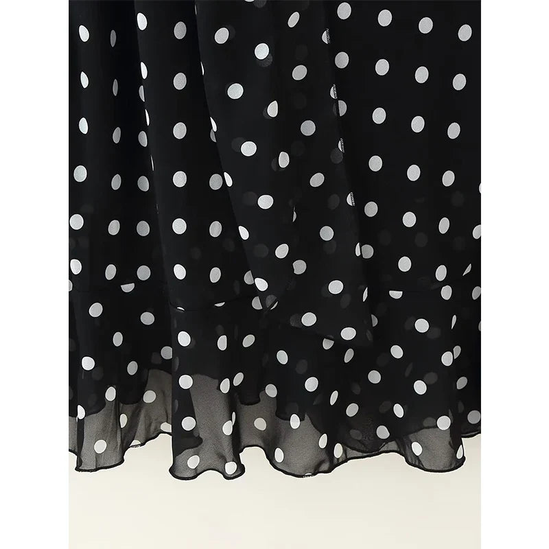 Retro Polk Dot With Scarf Sling Long Dresses Sexy V Neck Ruffle Summer Dresses