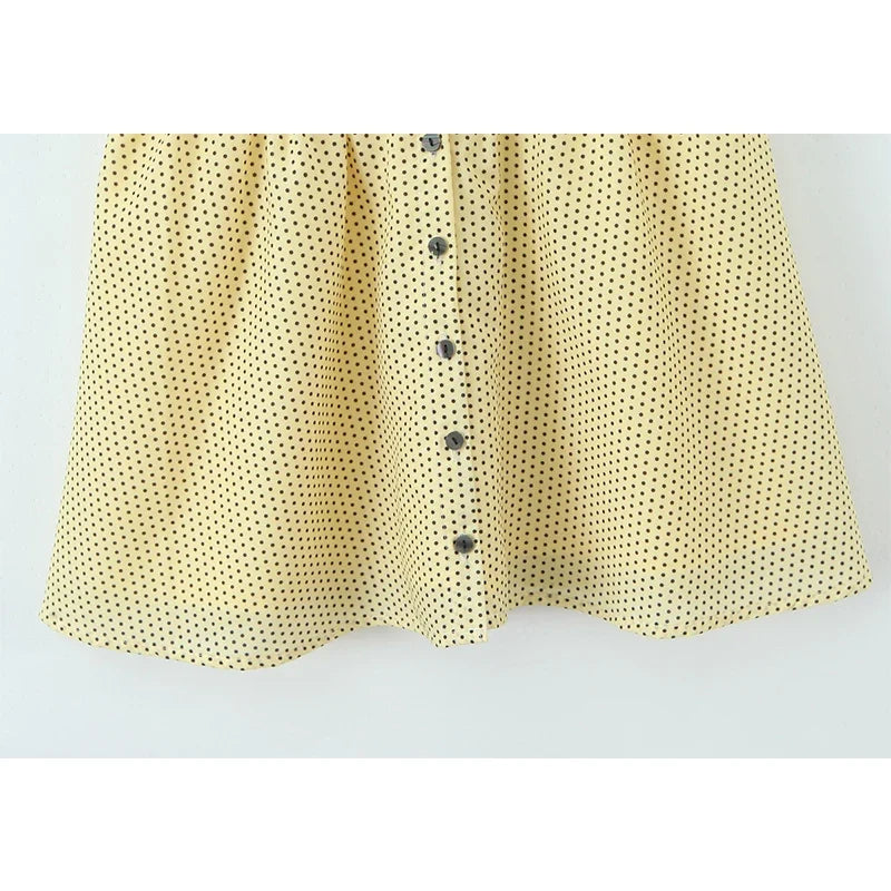 V-Neck Slim Fit Yellow Polka Dot Dresses