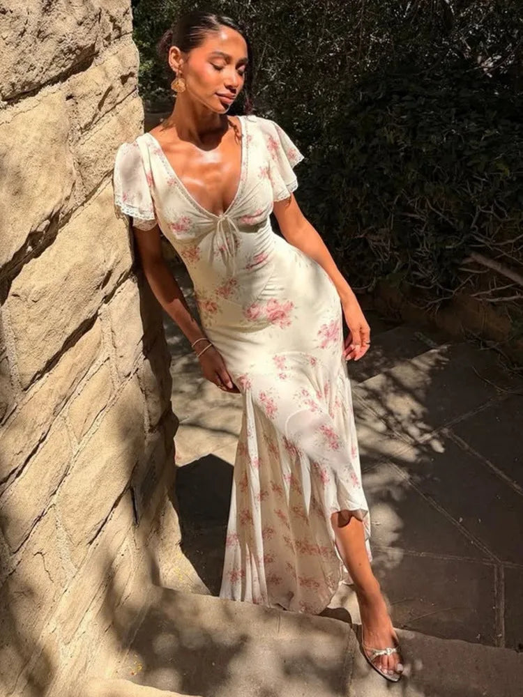 Retro Elegant Printed V-neck Short Sleeved Waist Long Dresses