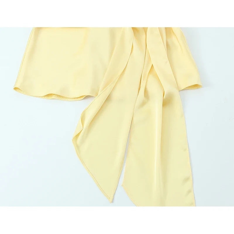 Sexy Backless Yellow Satin Mini Dresses Halter Tie Waist Cocktail Party Summer Vestidos