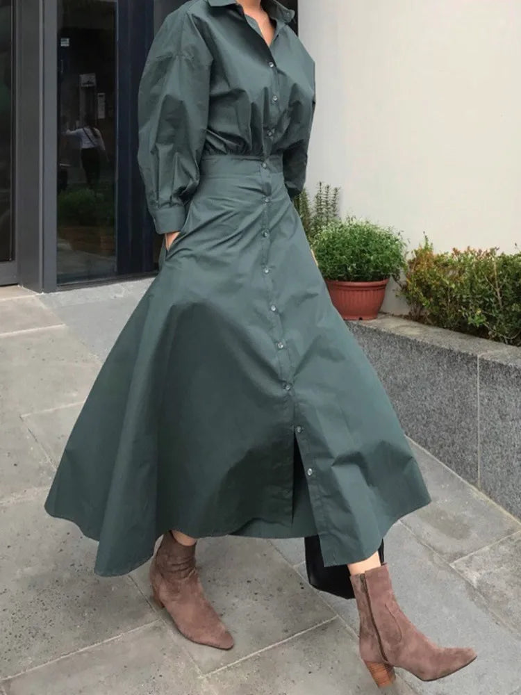Retro Street Lapel Long Sleeve Shirts Dresses Autumn Slimming Waist Maxi Dresses 19DB2620