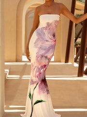 Sexy Tube Top Floral Printed One-piece Robes Summer Casual Off Shoulder Sleeveless Party Dresses