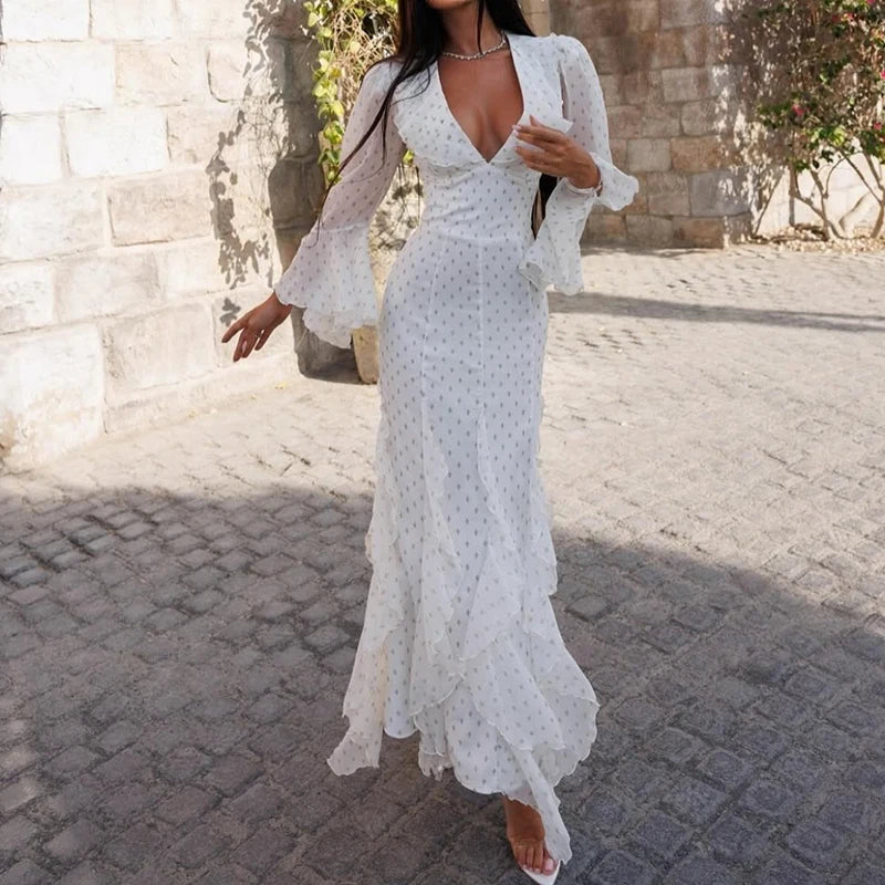 Floral Print Elegant Dresses Low Cut V Neck High Waisted Long Dresses