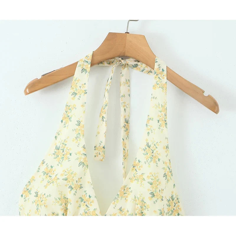 Yellow Floral Print Halter Mini Dresses Elegant A-line Summer Backless Dresses