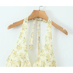 Yellow Floral Print Halter Mini Dresses Elegant A-line Summer Backless Dresses