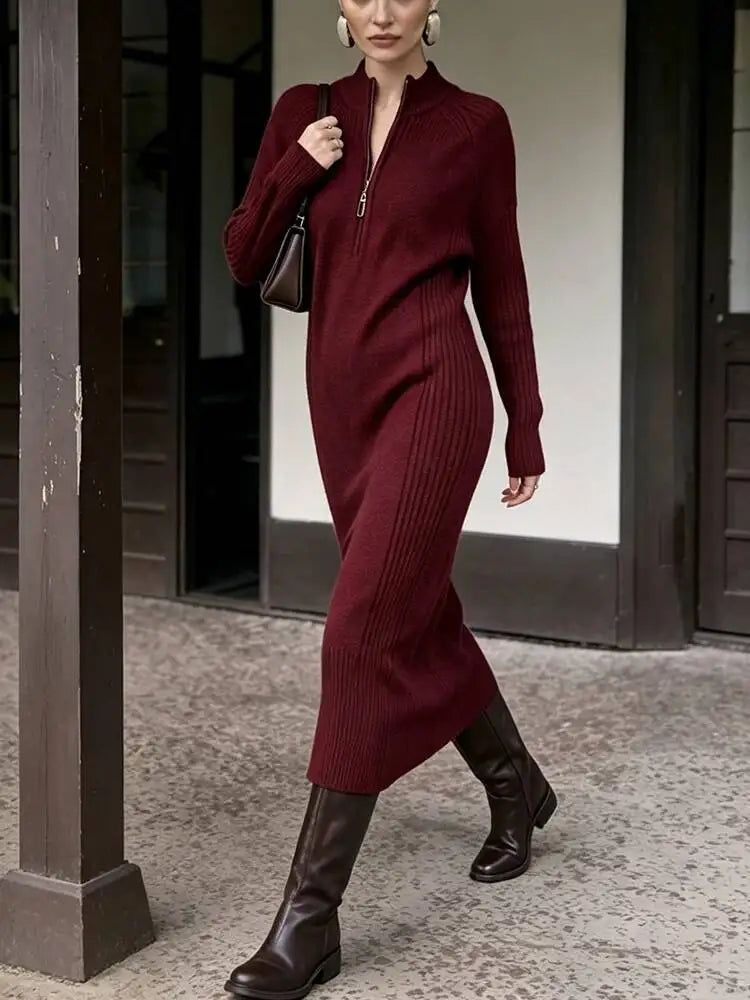 Elegant Half Zip Stand Collar Long Sleeve Knit Dresses