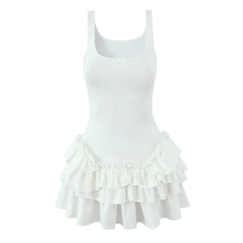 Layered Ruffle Hem White Tank Dresses