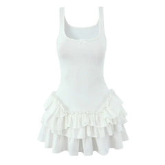 Layered Ruffle Hem White Tank Dresses
