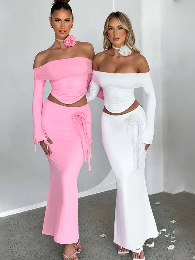 Summer Two-piece Set Sexy Strapless Long-sleeved Top With Irregular Slim-fitting Skirt 19DB2727