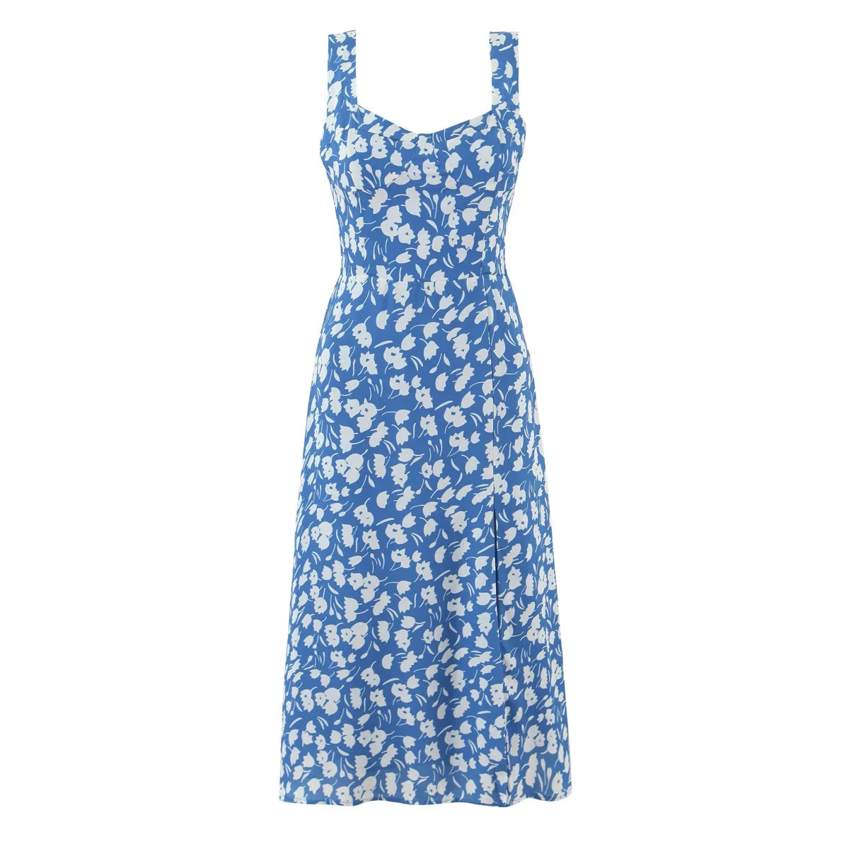 Sexy Hem Slit Blue Floral Print Tank Dresses