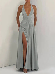 Temperament Hanging Neck Exposed Back Pleated Waist Slit Dresses