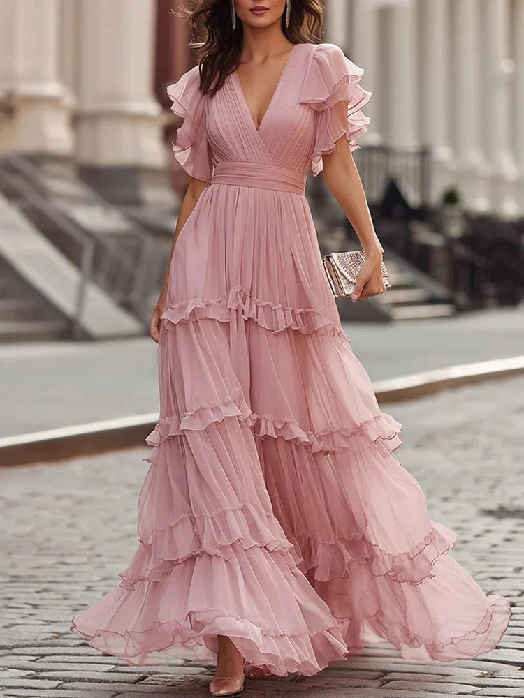Casual Solid Simple Party Maxi Dresses V-neck Ruffles Evening Dresses