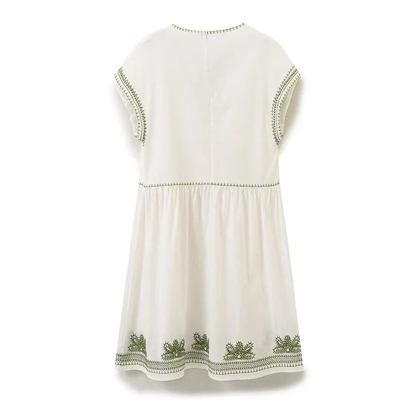 Summer V Neck Casual Loose Floral Embroidered Short Dresses