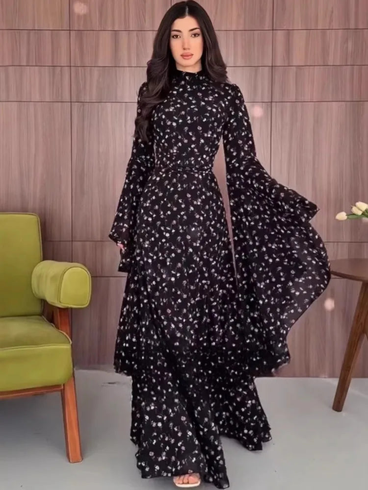 Summer Turtleneck Long Flare Sleeves Printing Elegant Waist-Cinching Formal Dresses