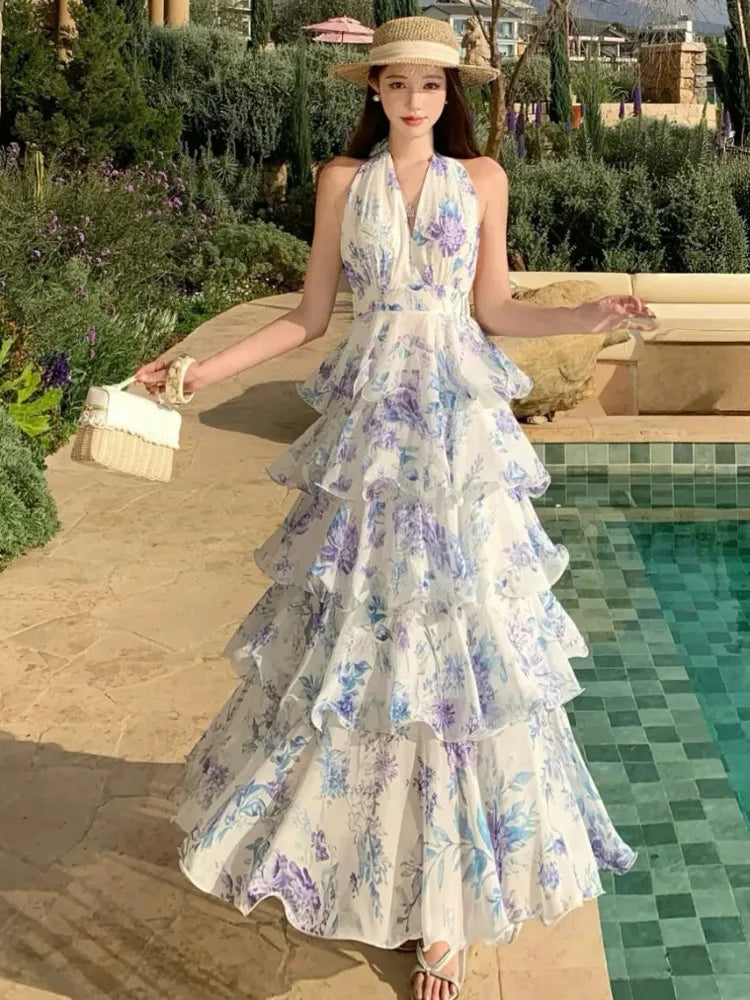 Sweet Printed Hanging Neck Dresses