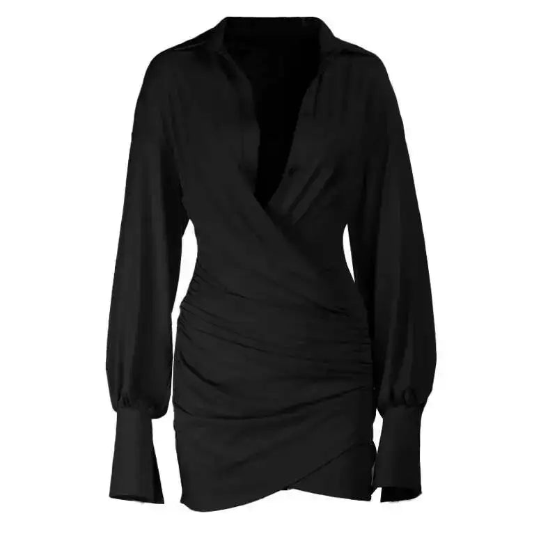 Lapel Collar Wrap Ruched Bodycon Mini Dresses