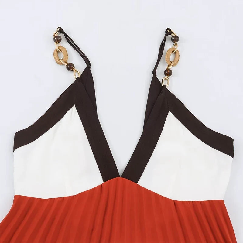 Color Block V Neck Chain Strap Pleated Midi Dresses