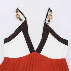 Color Block V Neck Chain Strap Pleated Midi Dresses