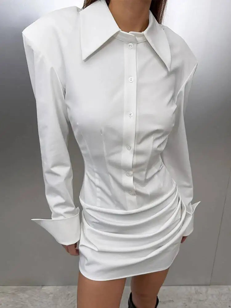 Fashionable Lapel Long Sleeved Pleated Waist Dresses
