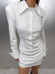 Fashionable Lapel Long Sleeved Pleated Waist Dresses